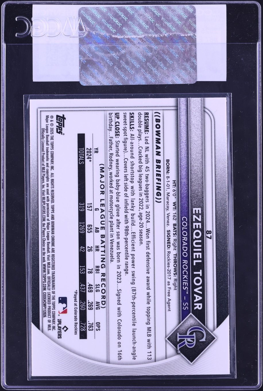 2025 Bowman Chrome Sapphire Ezequiel Tovar #87 CGC AUTH