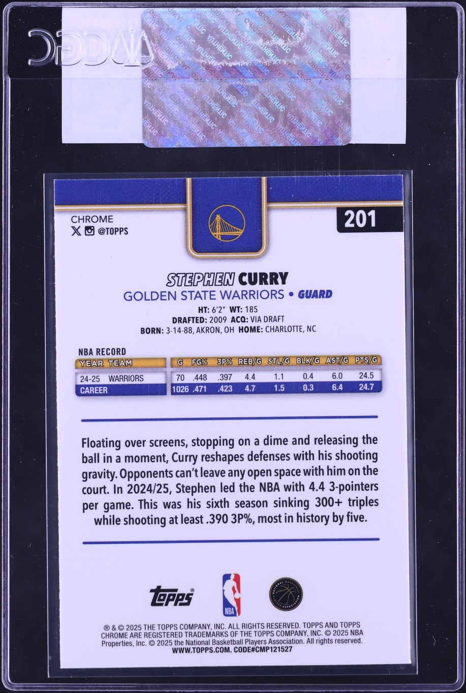 2025 Topps Chrome Basketball Refractor Stephen Curry #201 CGC AUTH