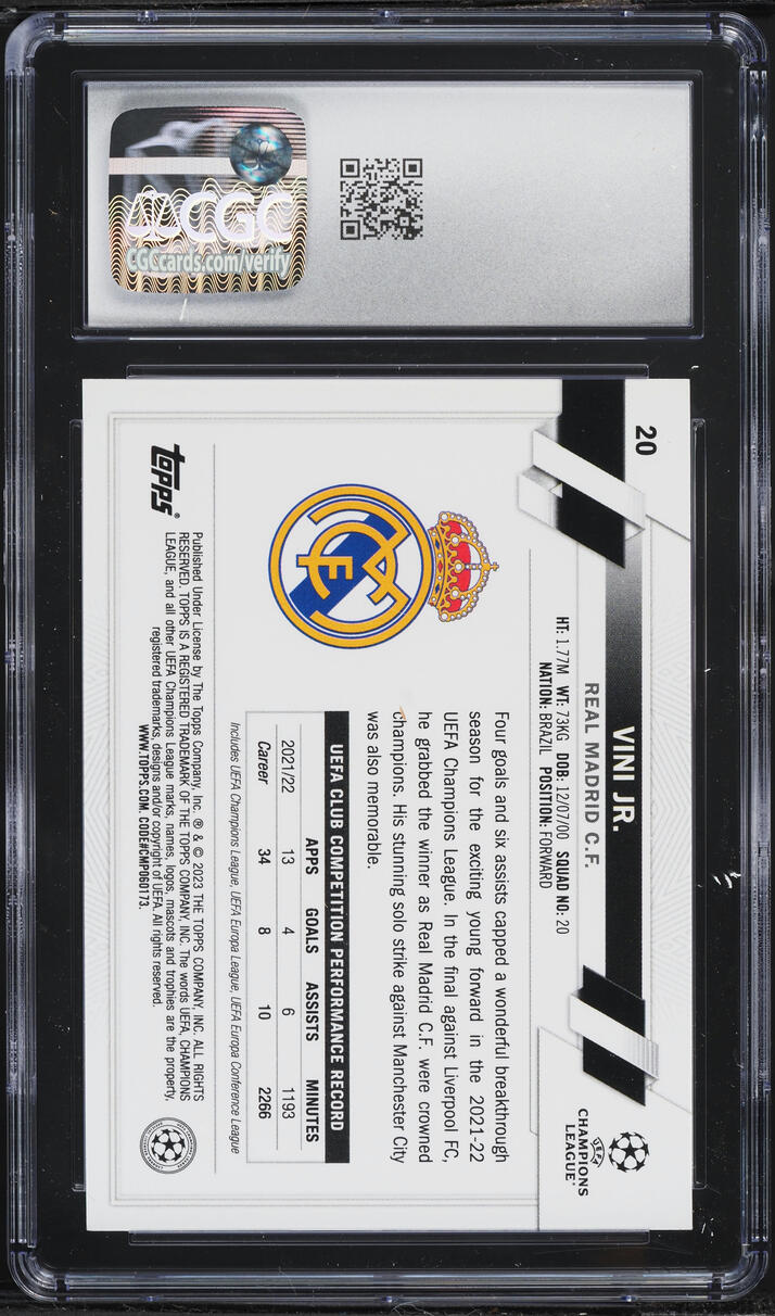 2022 Topps Chrome UEFA Club Competitions Red & Gold Seismic Refractor Vini Jr. #20 CGC 10 GEM