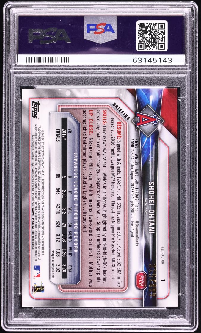 2018 Bowman Chrome Refractor Shohei Ohtani ROOKIE /499 #1 PSA 10 GEM MINT