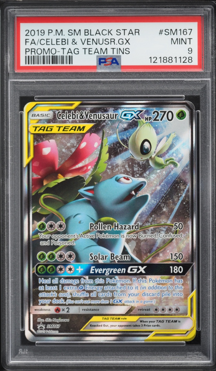 2019 Pokemon Sun & Moon Promo Tag Team Tin Full Art Celebi & Venusaur GX #SM167 PSA 9 MINT
