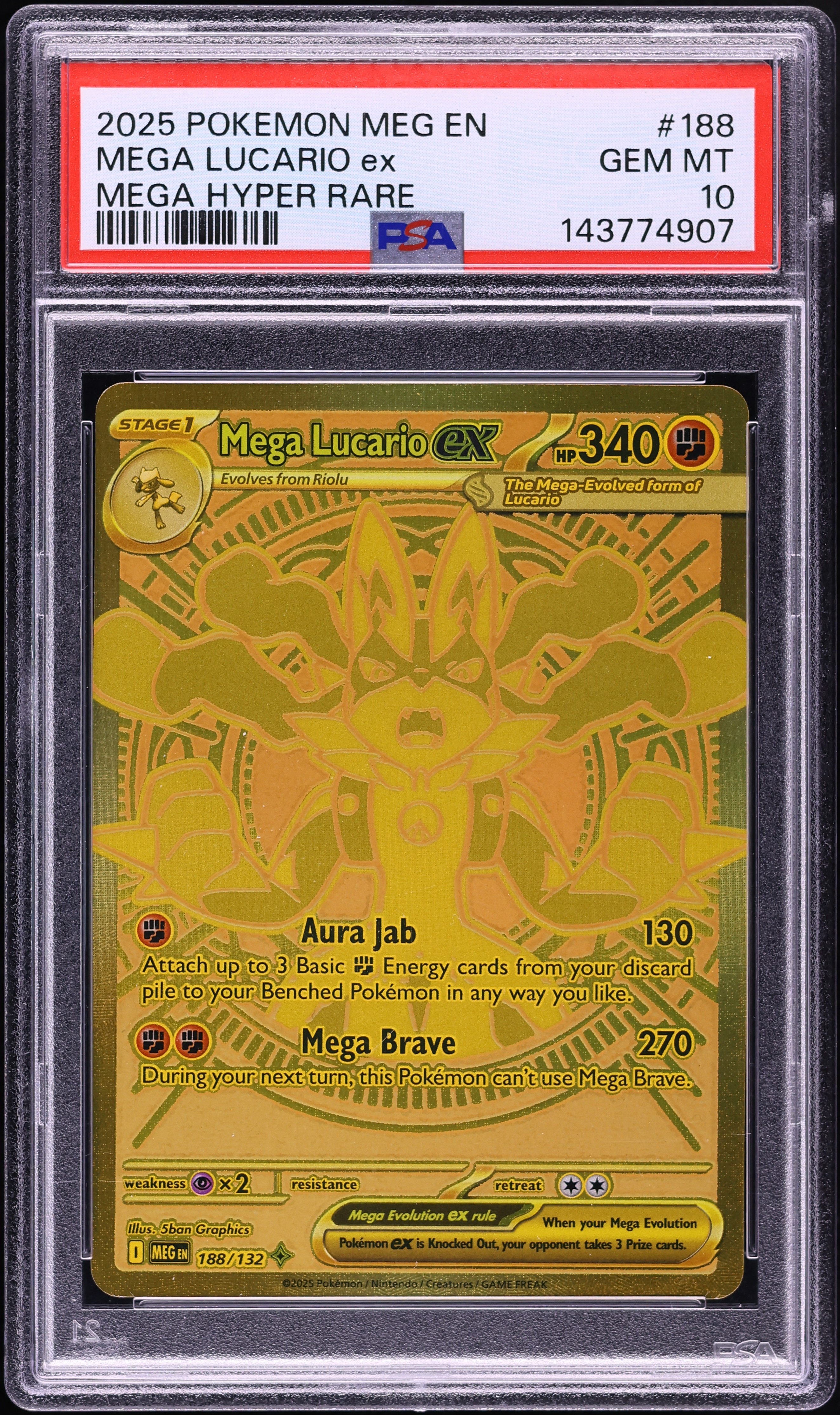 2025 Pokemon Mega Evolution Gold Rare Mega Lucario EX #188 PSA 10 GEM MINT