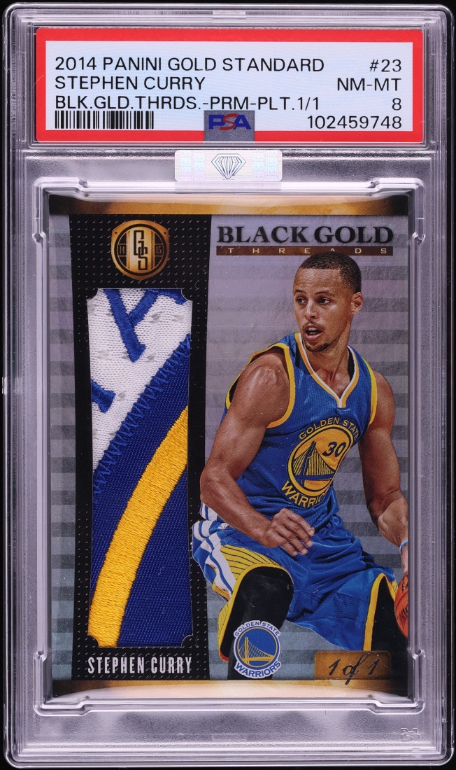 2014 Panini Gold Standard Black Gold Threads Platinum Stephen Curry PATCH 1/1 #23 MBA PSA 8