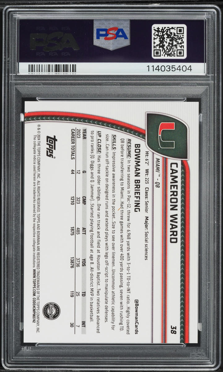 2024 Bowman Chrome University Sapphire Gold Refractor Cameron Ward RC /50 PSA 10