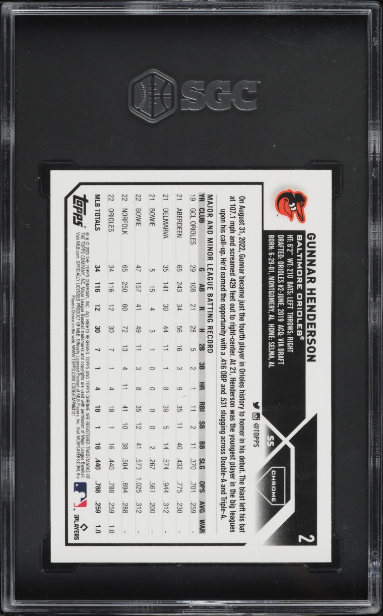 2023 Topps Chrome Gunnar Henderson ROOKIE #2 SGC 10 GEM MINT