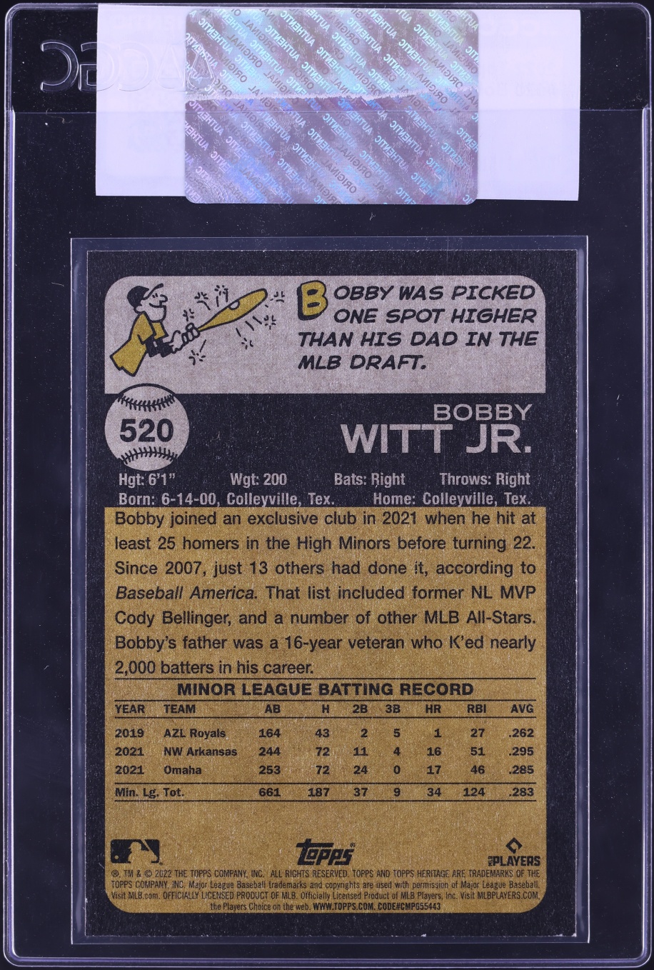 2022 Topps Heritage High Number Bobby Witt Jr. ROOKIE #520 CGC AUTH
