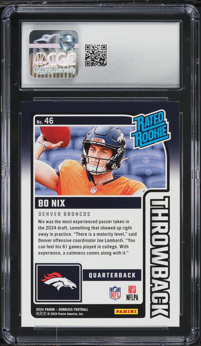 2024 Donruss Throwback Bo Nix ROOKIE #46 CGC 10 GEM MINT