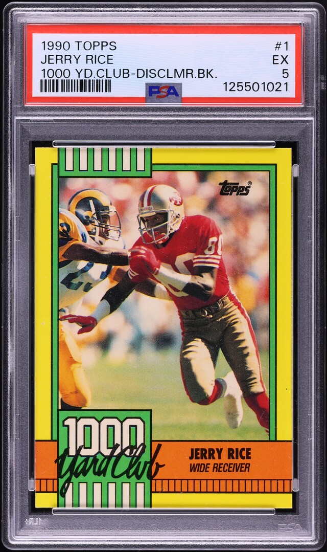 1990 Topps Football Jerry Rice 1000 YARD CLUB, DISCLAIMER BACK #1 PSA 5 ...