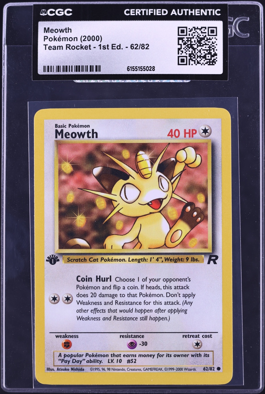 2000 Pokemon Team Rocket 1st Edition Meowth #62 CGC AUTH