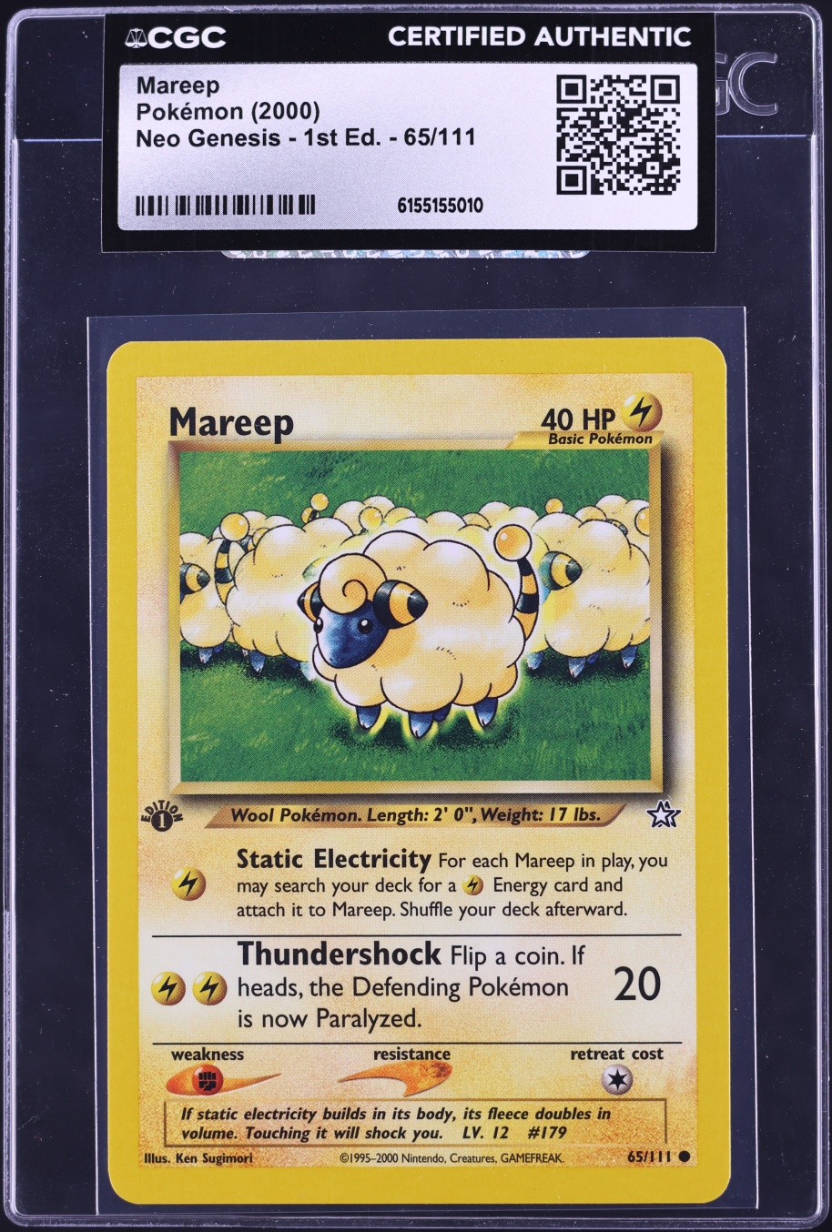 2000 Pokemon Neo Genesis 1st Edition Mareep #65 CGC AUTH