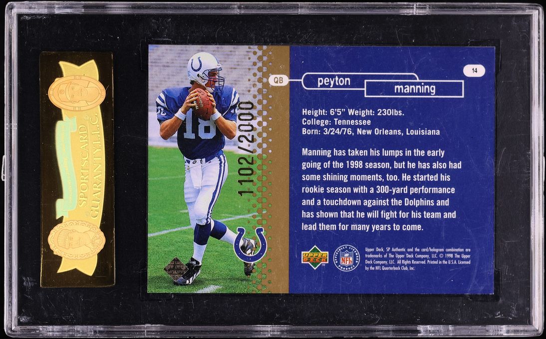1998 SP Authentic Future Watch Peyton Manning ROOKIE /2000 #14 SGC 9 MINT