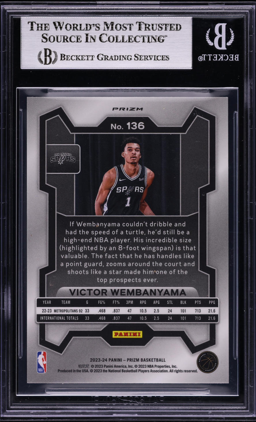 2023 Panini Prizm Silver Victor Wembanyama ROOKIE #136 BGS 8 NM-MT