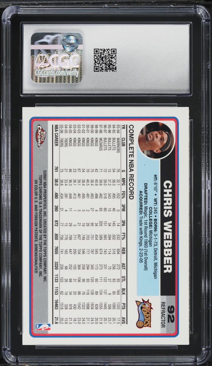 2006 Topps Chrome Refractor Chris Webber #92 CGC 7 NRMT