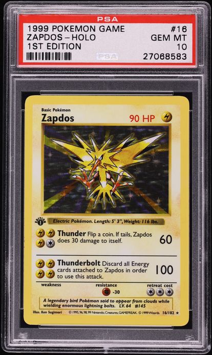 1999 Pokemon Base Set Shadowless 1st Edition Holo Zapdos #16 PSA 10 GEM MINT