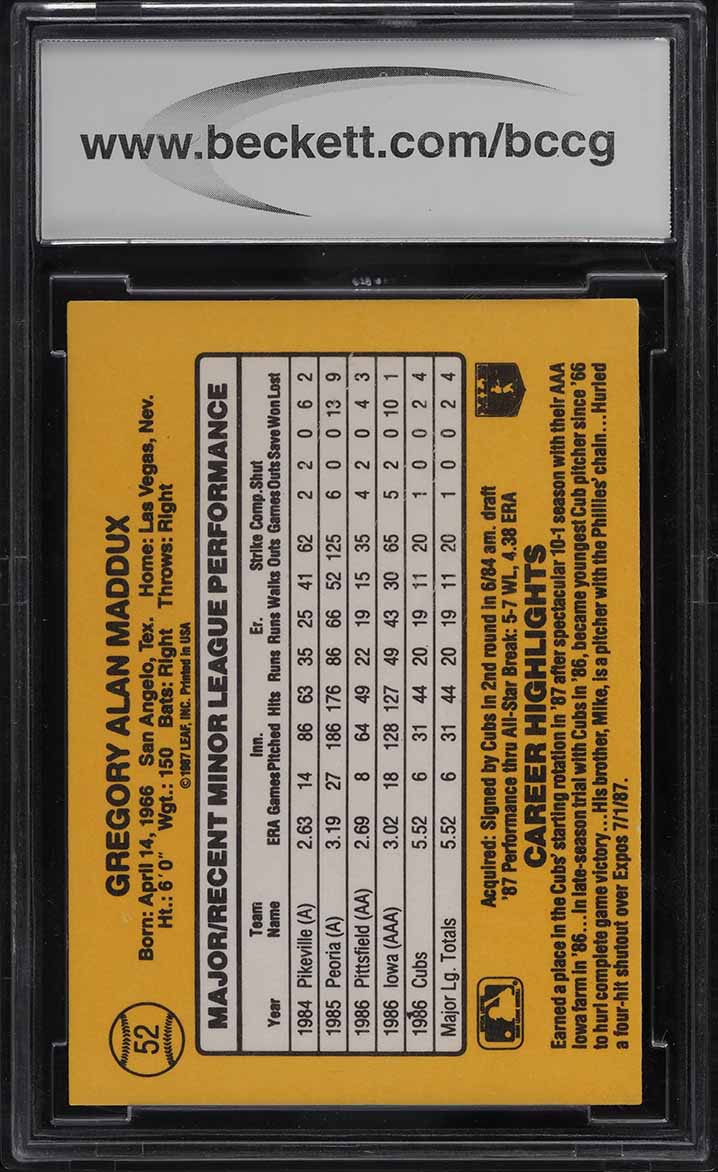 1987 Donruss The Rookies Greg Maddux ROOKIE #52 BCCG 10