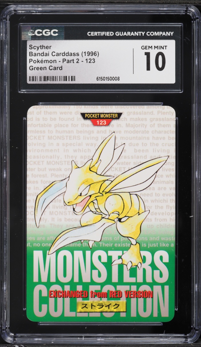 1996 Pokemon Japanese Bandai Carddass Part 2 Green Card Scyther #123 CGC 10 GEM MINT