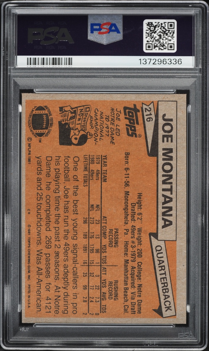 1981 Topps Football Joe Montana ROOKIE #216 PSA 7 NRMT