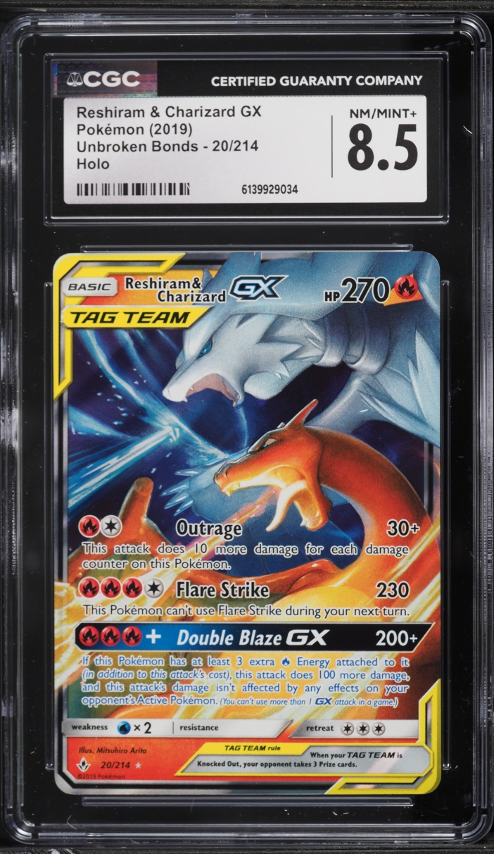 2019 Pokemon Sun & Moon Unbroken Bonds Alt Art Reshiram & Charizard GX #20 CGC 8.5 NM-MT+