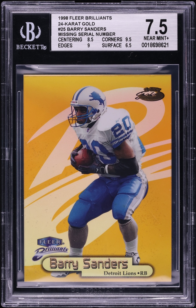 1998 Fleer Brilliants 24-Karat Gold Barry Sanders MISSING SERIAL NUMBER #25TG BGS 7.5 NRMT+