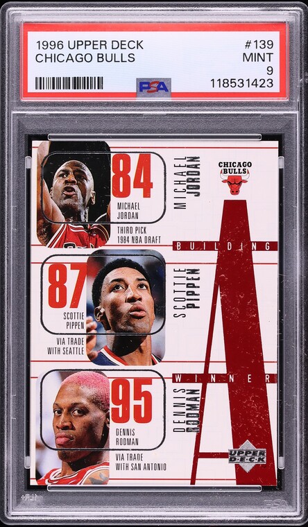 1996 Upper Deck Chicago Bulls w/ Michael Jordan Scottie Pippen Dennis Rodman #139 PSA 9 MINT