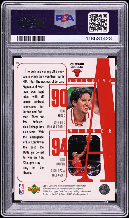 1996 Upper Deck Chicago Bulls w/ Michael Jordan Scottie Pippen Dennis Rodman #139 PSA 9 MINT