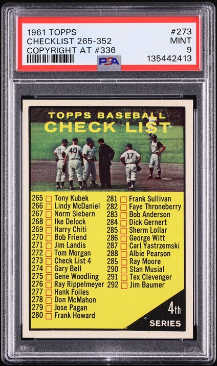 1961 Topps Checklist 265-352 COPYRIGHT AT 336 #273 PSA 9 MINT