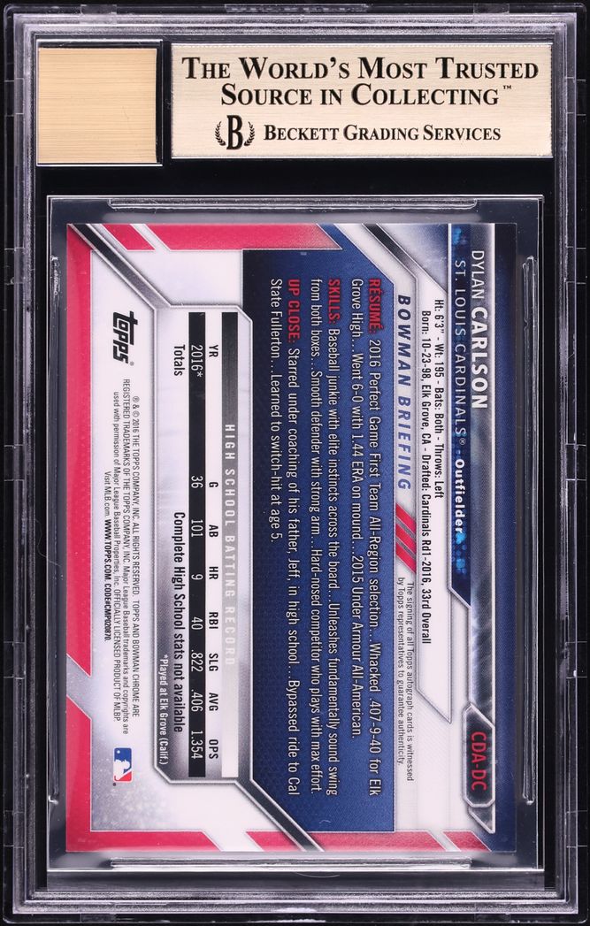 2016 Bowman Chrome Draft Pick Dylan Carlson PROSPECT AUTO #CDA-DC BGS 9.5 GEM