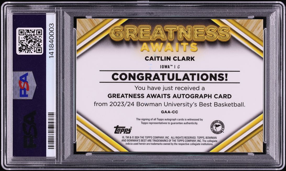 2023 Bowman U Best Greatness Awaits Geometric Gold Caitlin Clark RC AUTO /50 #GAA-CC PSA 10 GEM