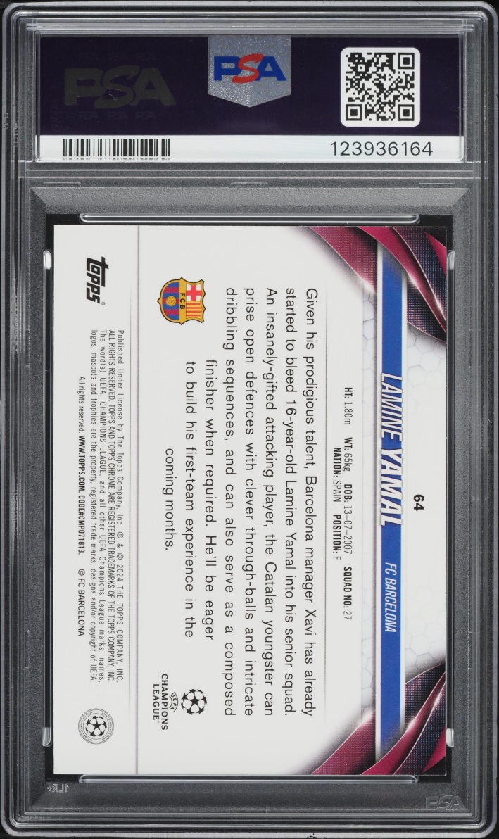 2023 Topps Chrome UEFA Orange Refractor Lamine Yamal ROOKIE /25 #64 PSA 9 MINT