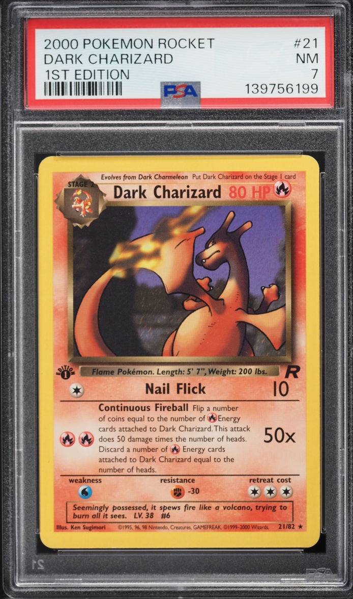 2000 Pokemon Team Rocket 1st Edition Dark Charizard #21 PSA 7 NRMT