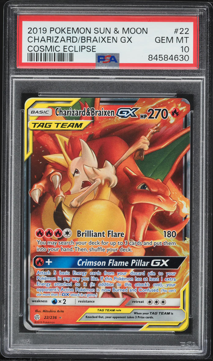 2019 Pokemon Sun & Moon Cosmic Eclipse Full Art Charizard Braixen GX #22 PSA 10 GEM MINT