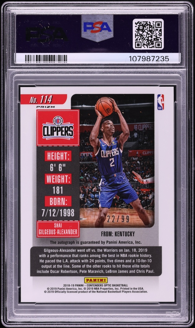 2018 Panini Contenders Optic Blue Prizm Shai Gilgeous-Alexander ROOKIE AUTO /99 #114 PSA 10 GEM
