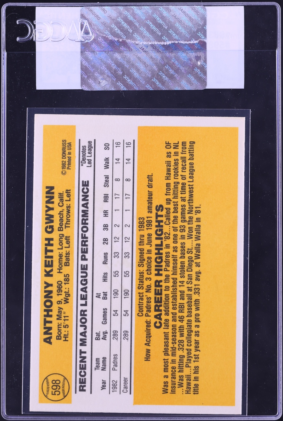 1983 Donruss Tony Gwynn ROOKIE #598 CGC AUTH