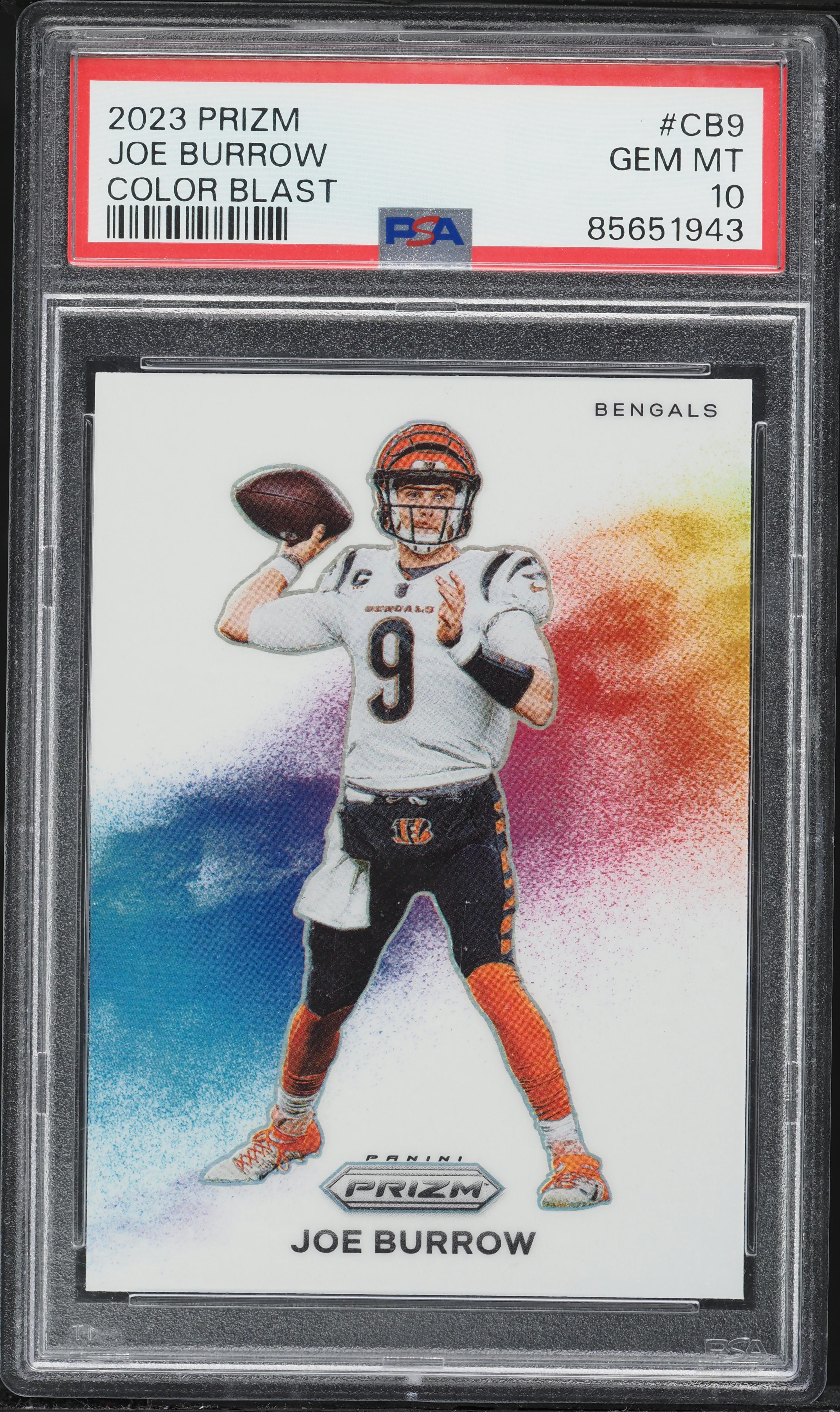 ⭐︎ALOB 2023 Panini Prizm Color Blast Joe Burrow #CB-9 PSA 10 GEM MINT on