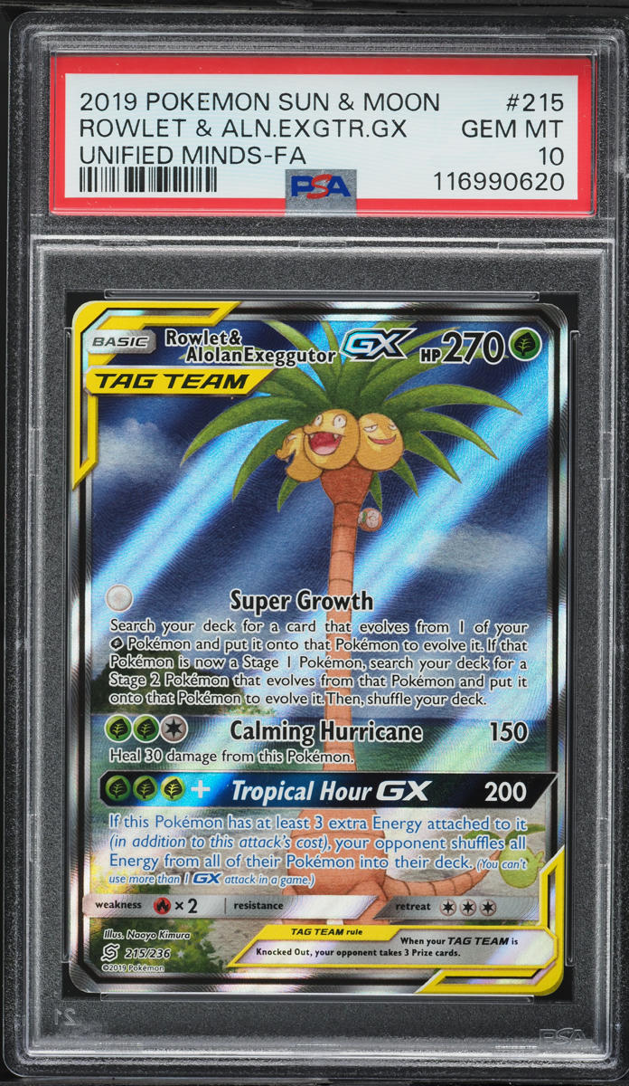 2019 Pokemon SM Unified Minds Rowlet & Alolan Exeggutor GX #215 PSA 10 GEM MINT