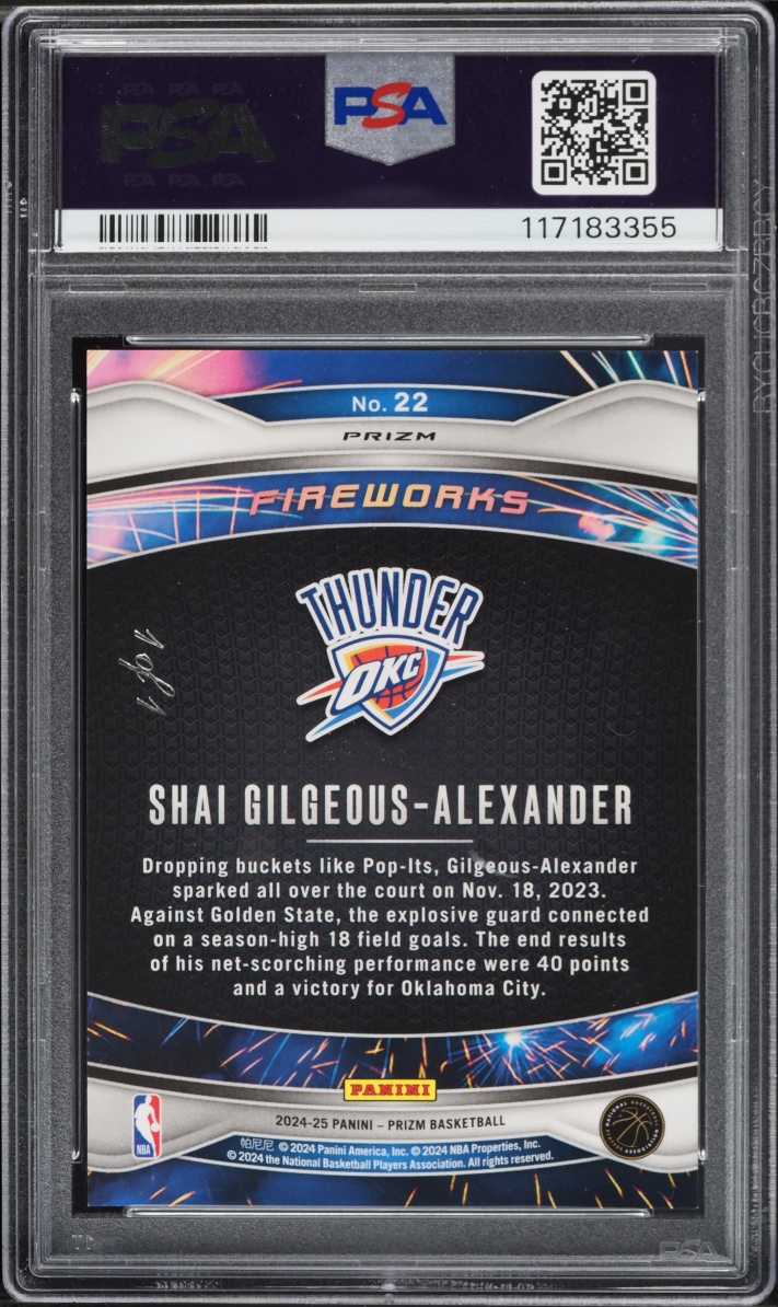 2024 Panini Prizm Fireworks Black Shai Gilgeous-Alexander 1/1 #22 PSA 9 MINT