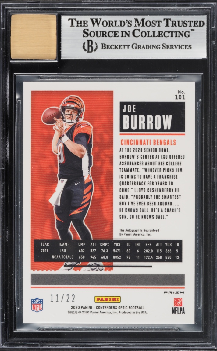 2020 Panini Contenders Optic Cracked Ice Prizm Joe Burrow ROOKIE AUTO /22 #101 BGS 9 MINT