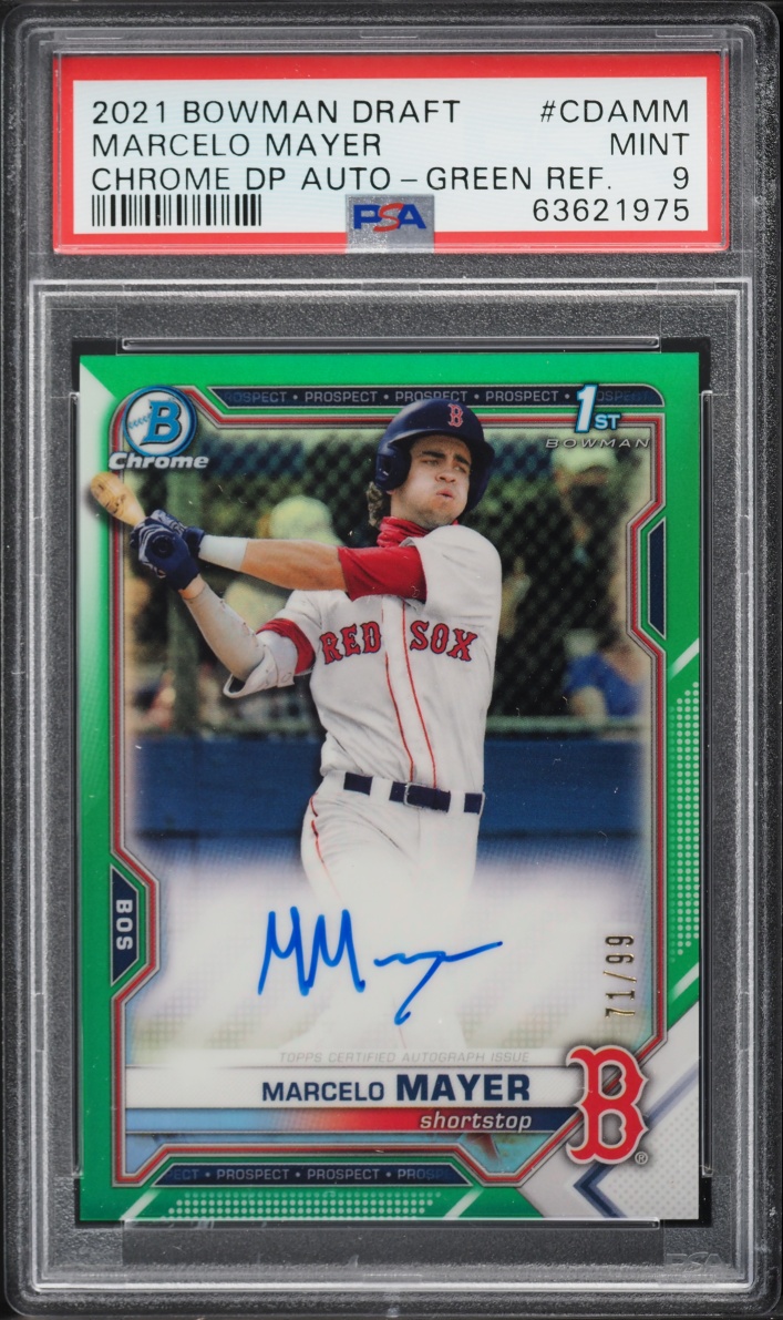 2021 Bowman Chrome Draft Green Refractor Marcelo Mayer PROSPECT AUTO /99 #CDA-MM PSA 9 MINT