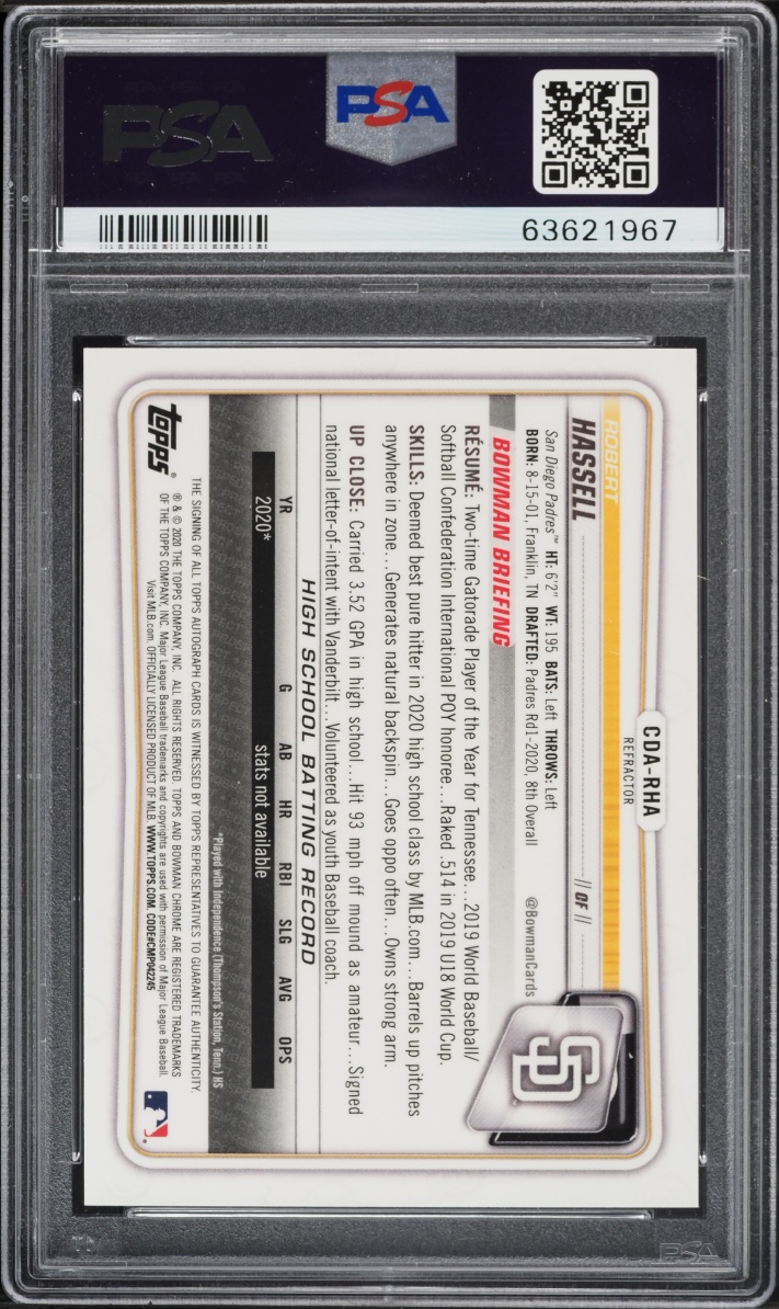 2020 Bowman Chrome Refractor Robert Hassell PROSPECT AUTO /499 #CDA-RHA PSA 9 MINT
