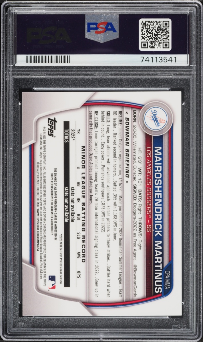 2023 Bowman Chrome Blue Crater Refractor Mairoshendrick Martinus PROSPECT AUTO /150 PSA 10 GEM