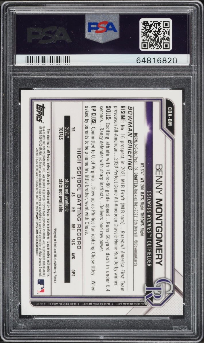 2021 Bowman Chrome Draft Blue Refractor Benny Montgomery PROSPECT AUTO /150 #CDA-BM PSA 10 GEM