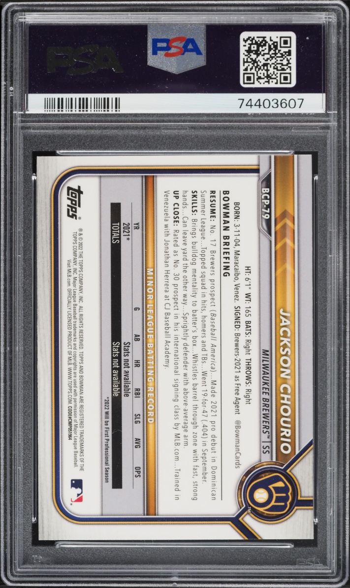 2022 Bowman Chrome Sapphire Jackson Chourio PROSPECT #BCP-79 PSA 10 GEM MINT
