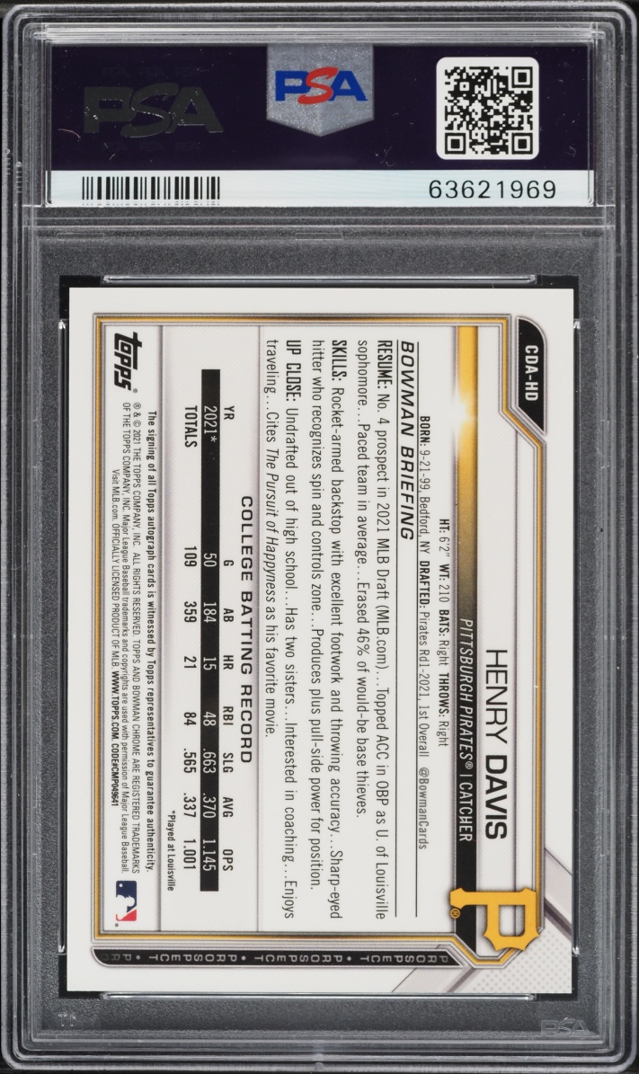 2021 Bowman Chrome Draft Henry Davis PROSPECT AUTO #CDA-HD PSA 9 MINT