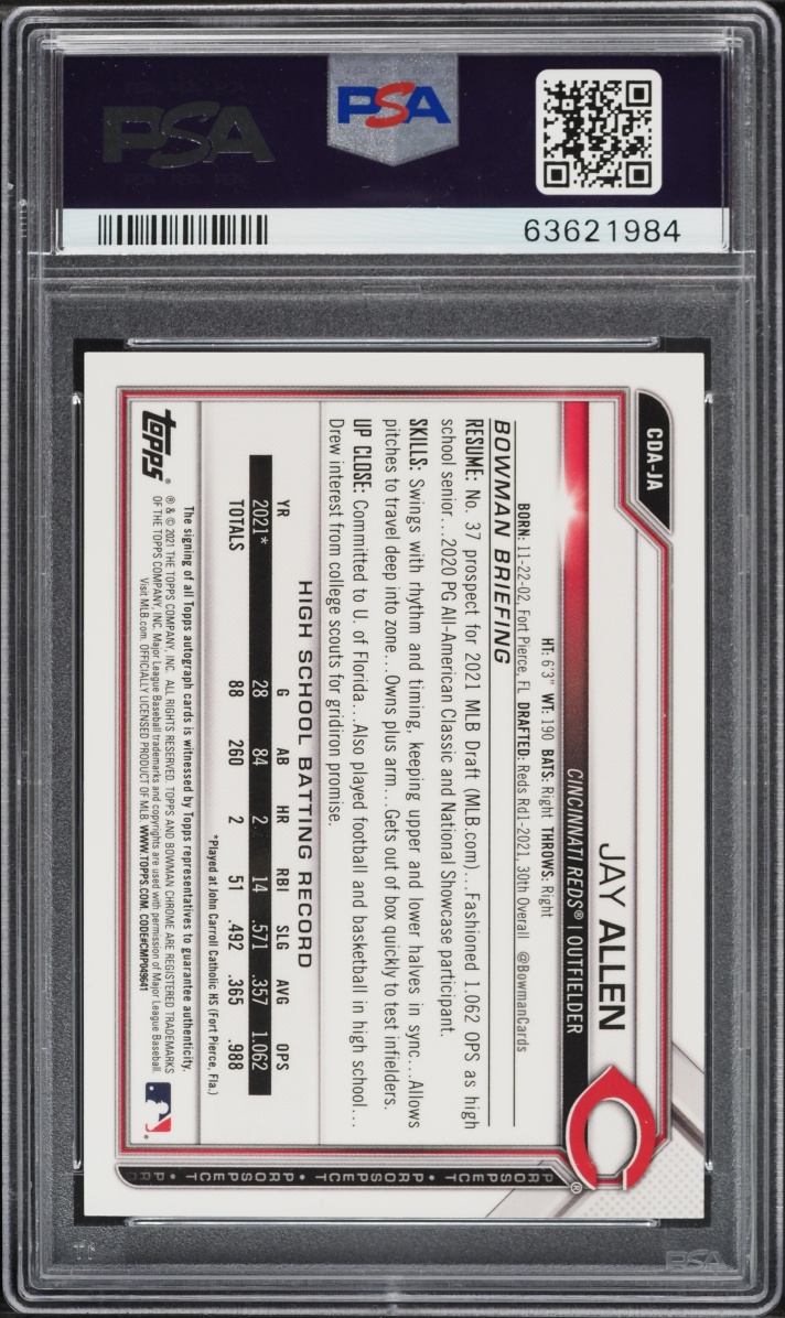 2021 Bowman Chrome Draft Pick Gold Refractor Jay Allen PROSPECT AUTO /50 #CDA-JA PSA 9 MINT