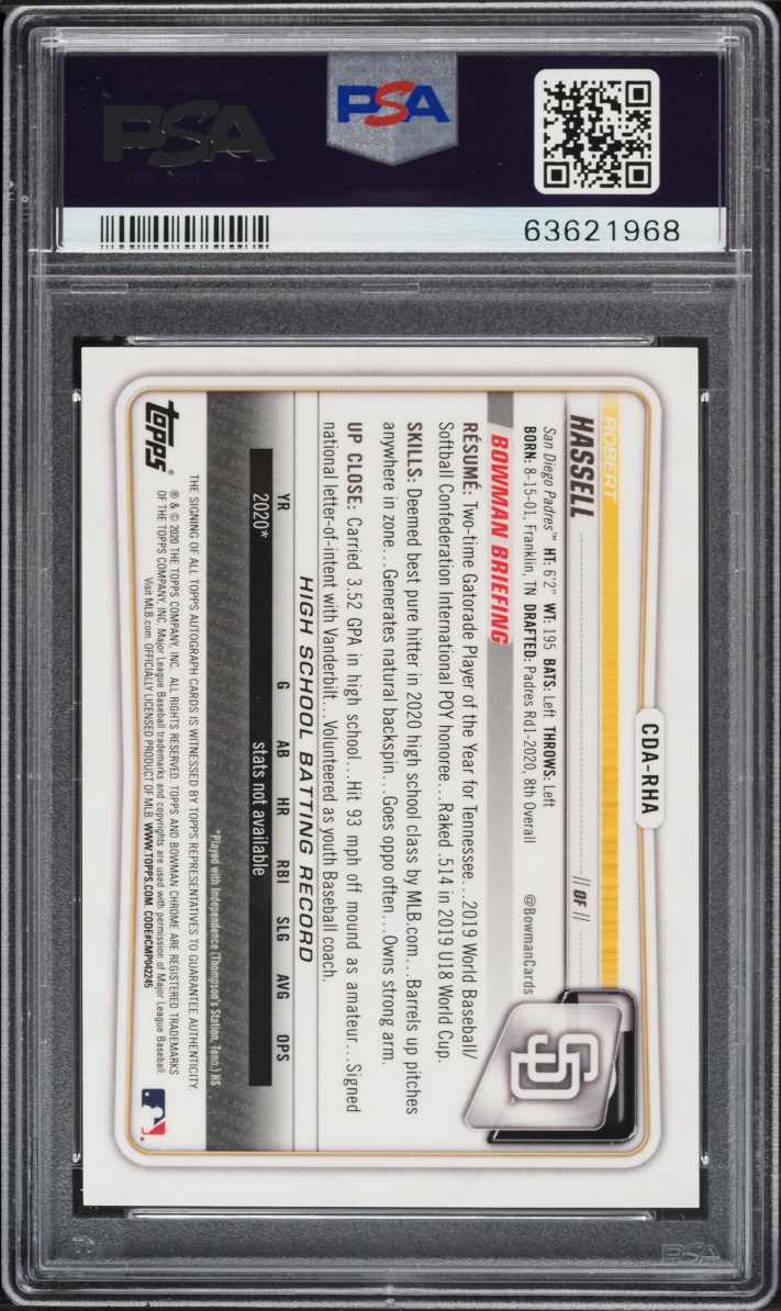 2020 Bowman Chrome Sparkle Refractor Robert Hassell PROSPECT AUTO /71 #CDA-RHA PSA 9 MINT