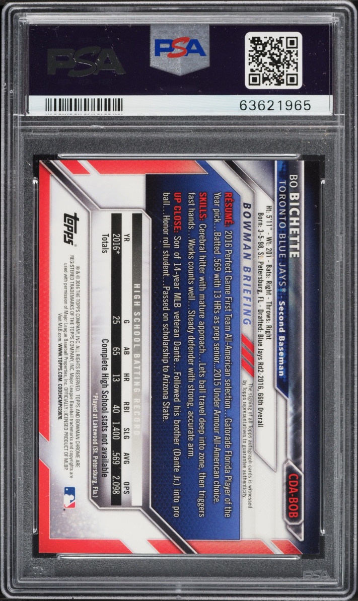 2016 Bowman Chrome Draft Picks Bo Bichette PROSPECT AUTO #CDA-BOB PSA 10 GEM MINT