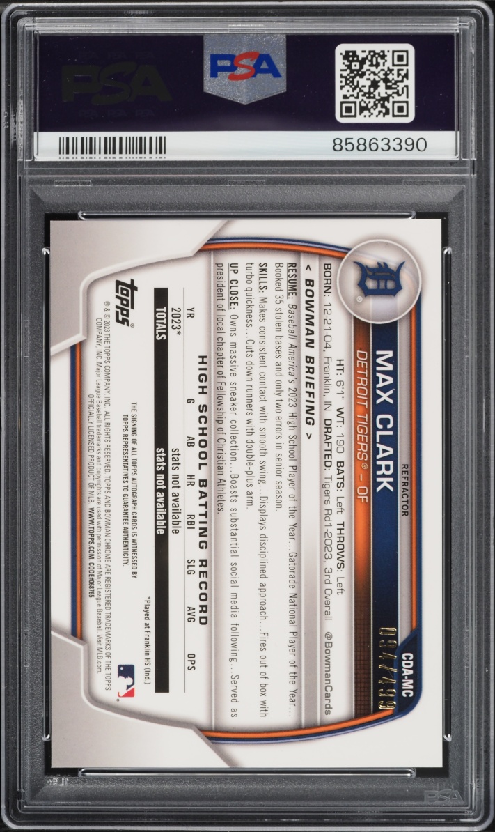 2023 Bowman Chrome Draft Refractor Max Clark PROSPECT AUTO /499 #CDA-MC PSA 10 GEM MINT