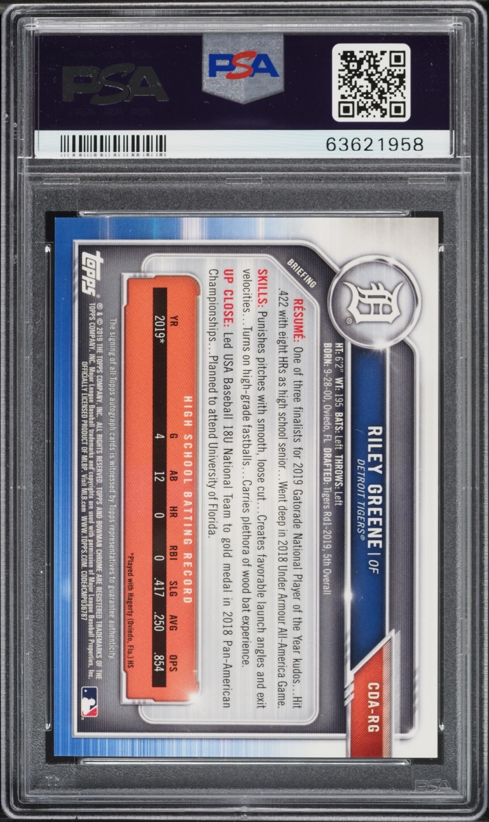 2019 Bowman Chrome Draft Riley Greene PROSPECT AUTO #CDA-RG PSA 10 GEM MINT