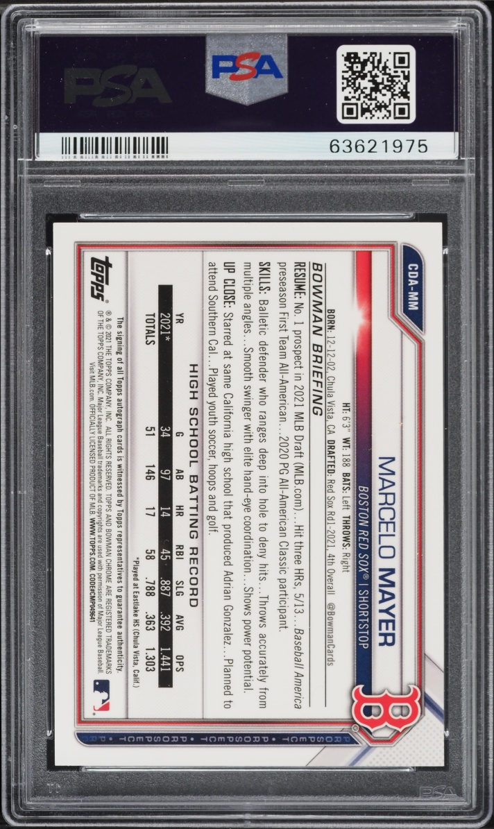 2021 Bowman Chrome Draft Green Refractor Marcelo Mayer PROSPECT AUTO /99 #CDA-MM PSA 9 MINT