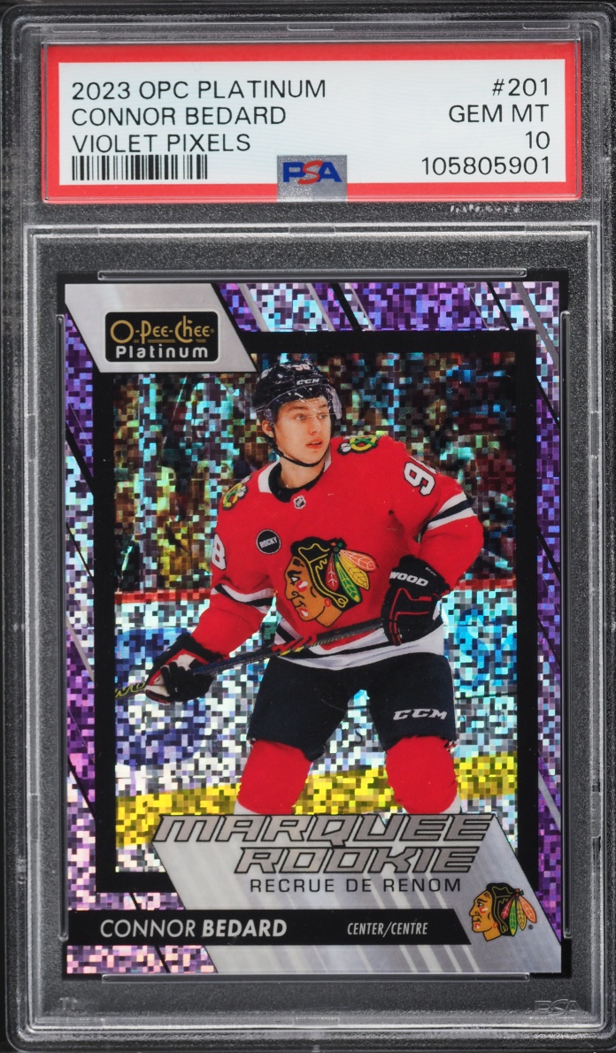 2023 O-Pee-Chee Platinum Violet Pixels Connor Bedard ROOKIE /299 #201 PSA 10 GEM MINT